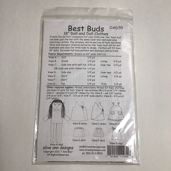 Olive Ann Designs Best Buds 18” Cloth Doll Clothes UNCUT Sewing Pattern 2011 NEW - Picture 3 of 9